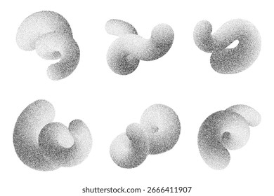 Formas de gradiente abstratas. Linhas 3D e elementos ondulados em fundo branco. Projetos granulados orgânicos fluidos com textura arenosa. Espiraladas pontilhadas. Conjunto moderno de elementos curvos dinâmicos pontilhado trançado