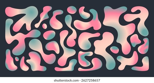 Abstrair formas de gradiente no plano de fundo preto. Ilustração vetorial contemporânea de cor-de-rosa, turquesa, ondas de cor bege, bolhas líquidas de tamanho diferente, pontos coloridos para design de banner groovy criativo