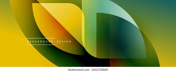 Abstract gradient shapes overlap creating dynamic visual effect. Yellow, green hues dominate composition. Modern design element.