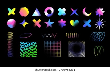Abstract gradient shapes pixel art with holographic glass effect vector set. Dotted pattern. Retro squared grainy star moon, heart, flower forms. 8 bit video game. Aesthetic y2k bitmap design elements