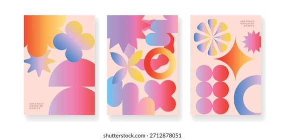 Abstrakte Gradientenformen Poster mit farbigen Flüssigkeitskreisen, Sternen, Blumen und Kreuzfiguren. Futuristische Mesh Design Elemente für Poster, Hintergrund oder digitale Kunst Vektorgrafik.