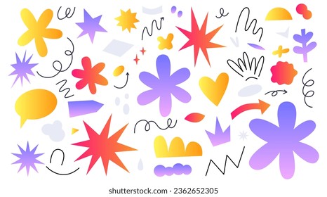 Abstract gradient shapes sticker pack. Funky flower, bubble, star, squiggle, arrow in trendy style. Vector illustration isolated on white background.