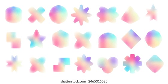 Abstract gradient shapes. Various geometric forms with blurring effect. y2k. Colorful contemporary decorative elements. Vector illustration isolated on transparent background