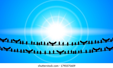 Abstract Gradient Sky Background Nature With Birds And Sun Vector Design Style