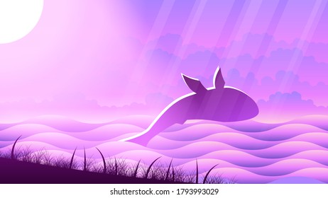 Abstract gradient sky with clouds and whale swimming in lake water. Background Vector Silhouette With And Whale.  Vector Design Style Landscape