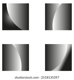 Gradiente abstrato quadrado. Quatro variações com sombreamento claro e escuro. Transições curvas suaves. Paleta monocromática.