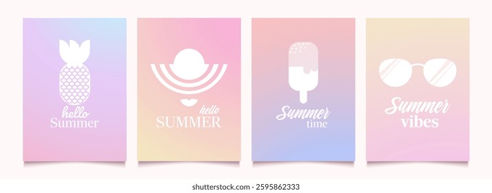 Abstract  gradient summer backgrounds with icons of mood. Banner templates in soft pastel colors. Lettring and design elements. Vector illustration.
