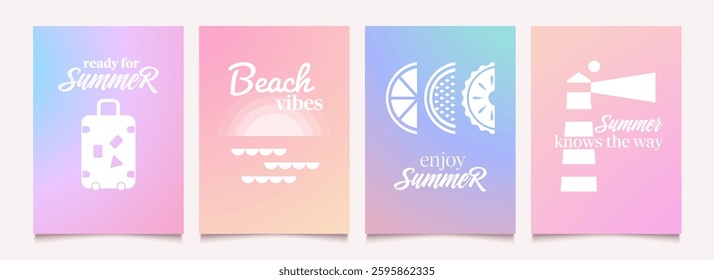 Abstract  gradient summer backgrounds with icons of mood. Banner templates in soft pastel colors. Lettring and design elements. Vector illustration.
