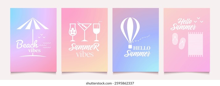 Abstract  gradient summer backgrounds with icons of mood. Banner templates in soft pastel colors. Lettring and design elements. Vector illustration.
