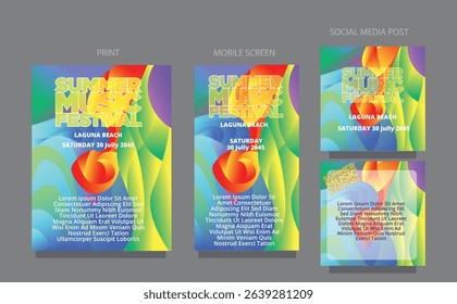Abstract Gradient Summer.Colorful Wave Design for summer music festival publication. fluid design template multiple platform for print, mobile screen and social media post vector illustration