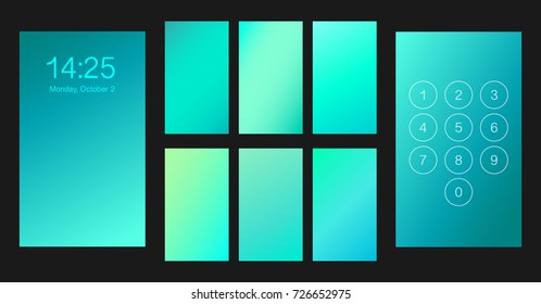 Abstract gradient texture set, vector illustration. Smartphone lock screen ui, ux template backgrounds. Blurred mint, turquoise, blue soft colors isolated on black.