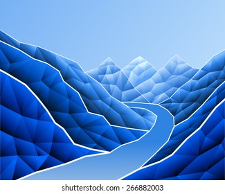 Abstract gradient vector background with triangles made with white outline. Mountain River