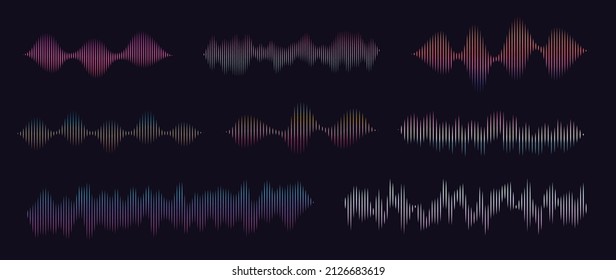 Conjunto de ondas de vibración de gradiente abstracto. Colección de la línea ondulada de sonido, semitono punteado y forma ondulada. Elemento sobre el fondo blanco para los negocios, la ciencia, la música y la tecnología.