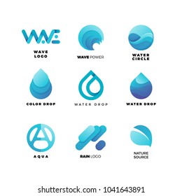 Abstract gradient water logo set. Aqua  wave geometric logo vector illustration. Nature elements, alternative energy and renewable energy logo.