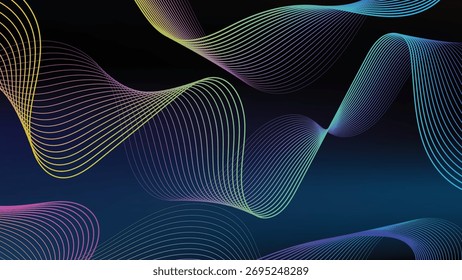 Linhas de onda de gradiente abstrato no fundo escuro para projetos de tecnologia e design Um fundo moderno e vibrante com curvas de fluxo e listras coloridas