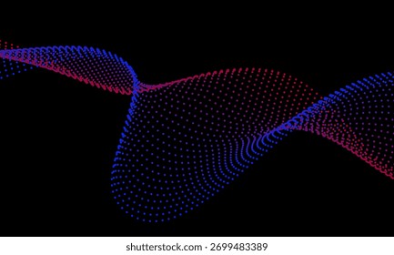 abstract gradient wave made of colorful dots forming dynamic flowing shape on dark background