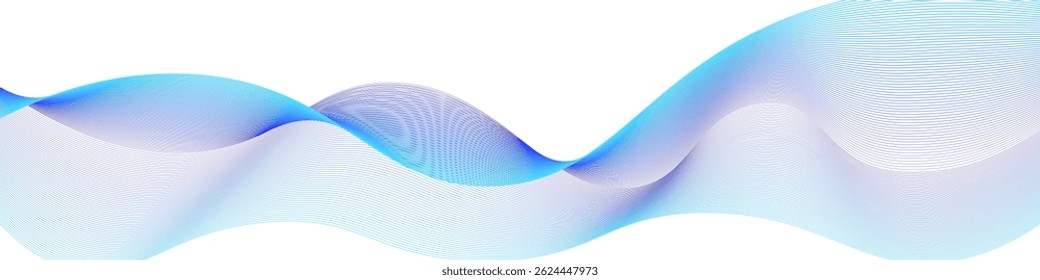 Onda de gradiente Abstractas hecha de líneas finas con tonos azules y púrpuras sobre fondo blanco. Ideal para tecnología, interfaz de usuario o diseño corporativo. Vector EPS 10