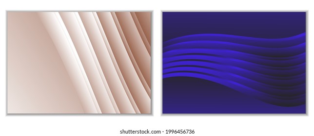 Abstract gradient waves background and folds. A set of 2 templates. 3D illustration in gentle pastel colors. Vector