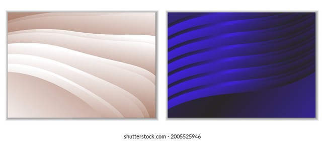 Abstrakter Farbverlauf-Wellen Hintergrund und Falten. Ein Satz von 2 Vorlagen. 3D-Illustration in sanften Pastellfarben. Vektorgrafik