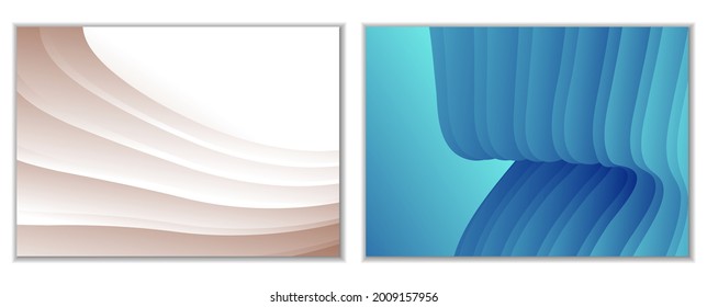 Abstract gradient waves background and folds. A set of 2 templates. 3D illustration in gentle pastel colors. Vector