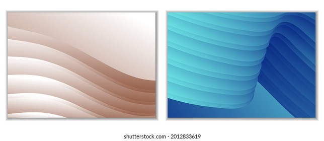 Abstract gradient waves background and folds. A set of 2 templates. 3D illustration in gentle pastel colors. Vector