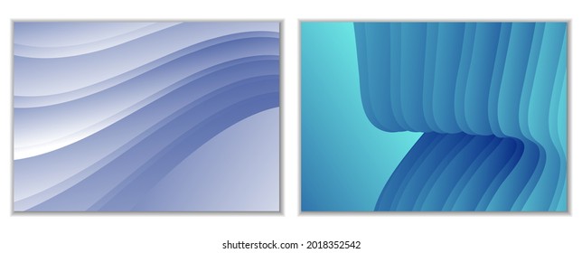 Resumen del fondo de las ondas de gradiente y plegados. Un conjunto de 2 plantillas. Ilustración 3D en suaves colores pastel. Vector