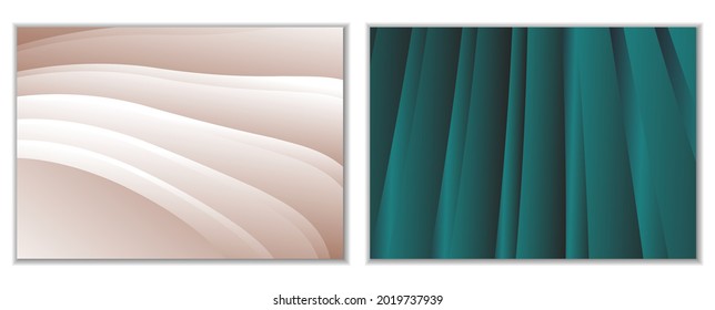 Resumen del fondo de las ondas de gradiente y plegados. Un conjunto de 2 plantillas. Ilustración 3D en suaves colores pastel. Vector