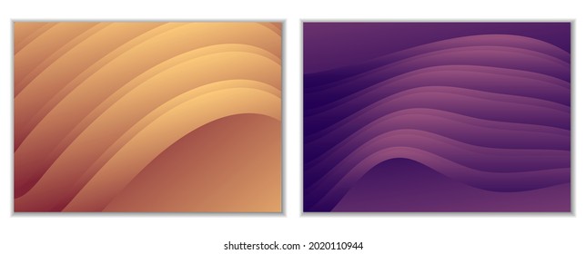 Abstract gradient waves background and folds. A set of 2 templates. 3D illustration in gentle pastel colors. Vector