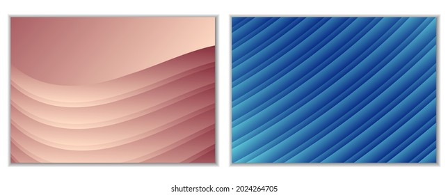 Resumen del fondo de las ondas de gradiente y plegados. Un conjunto de 2 plantillas. Ilustración 3D en suaves colores pastel. Vector