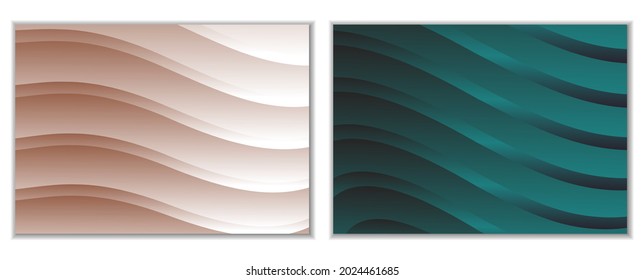 Abstract gradient waves background and folds. A set of 2 templates. 3D illustration in gentle pastel colors. Vector