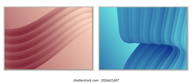 Abstract gradient waves background and folds. A set of 2 templates. 3D illustration in gentle pastel colors. Vector