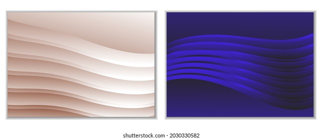 Abstract gradient waves background and folds. A set of 2 templates. 3D illustration in gentle pastel colors. Vector