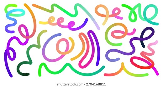 Ondas de gradiente abstratas e fitas fluindo formam padrões vibrantes. Rodas coloridas giram em formas orgânicas, ideais para designs divertidos, logotipos e fundos contemporâneos com sotaques de neon brilhantes.