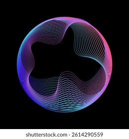 Abstract Gradient Wavy Lines Circle Shape isolated on Black Background with copy space. Neon iridescent blend line round frame. Vector design element for banner, poster, flyer.

