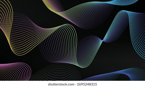Abstract Gradient Wavy Lines on Black Background Modern Colorful Illustration for Creative Projects and Design Templates with Smooth Blending Colors and Dynamic Movement