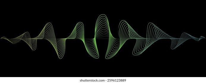 Abstract gradient wavy lines of the sound wave. Dynamic pulsating wave. Musical neon concept, symbols of the frequency of digital music. Vector illustration on a black background