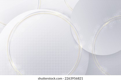 Abstract gradient white and gray template of tech circle decoration with rounded halftone. Overlapping with golden round decoration background. Vector 