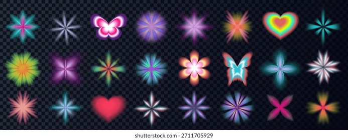 Abstractas gradiente de flores Y2K con aura de desenfoque suave. Iconos de mariposa, corazones y estrellas borrosos coloridos con bolso transparente y brillo de neón. Formas de degradado borrosas estilo de los años 90. Vector holográfico.