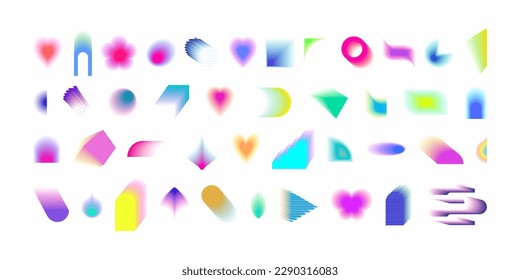 Abstract gradient Y2K fluid shapes vector set. Mental health elements on transparent background. Vaporwave modern aesthetic. Auramodern blurred hologram. Trendy Brutalism.