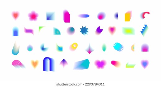 Abstract gradient Y2K fluid shapes vector set. Mental health elements on transparent background. Vaporwave modern aesthetic. Auramodern blurred hologram. Trendy Brutalism.