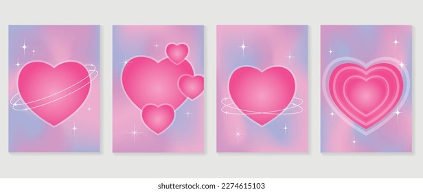 Abstract gradient Y2K style template cover vector set  Happy Valentine's Day decorate and trendy gradient heart vibrant y2k colorful background  Design for greeting card  fashion  commercial  banner 