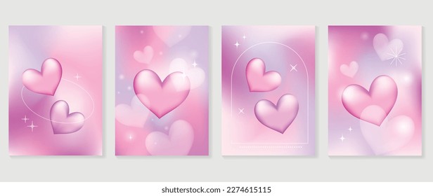 Abstract gradient Y2K style template cover vector set  Happy Valentine's Day decorate and trendy gradient heart vibrant y2k colorful background  Design for greeting card  fashion  commercial  banner 