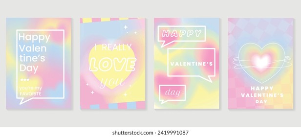 Conjunto de vectores de la cubierta de la plantilla de degradado abstracto de estilo Y2K. Feliz Día de San Valentín decorada con el corazón gradiente, burbuja de habla, fondo colorido. Diseño para tarjetas de felicitación, moda, comercial, banner.