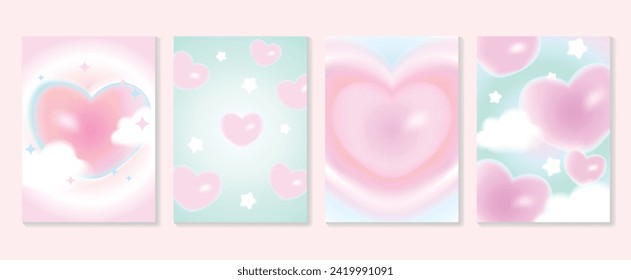 Conjunto de vectores de la cubierta de la plantilla de degradado abstracto de estilo Y2K. Feliz Día de San Valentín decorando con fondo colorido y moderno de gradiente corazón, nube y 2k. Diseño para tarjetas de felicitación, moda, comercial, banner.