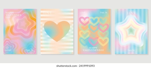 Abstract gradient Y2K style template cover vector set. Happy Valentine's Day decorate with trendy gradient heart, stars, y2k colorful background. Design for greeting card, fashion, commercial, banner.