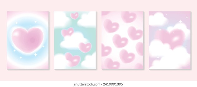 Conjunto de vectores de la cubierta de la plantilla de degradado abstracto de estilo Y2K. Feliz Día de San Valentín decorada con un moderno corazón gradiente, nube, fondo colorido. Diseño para tarjetas de felicitación, moda, comercial, banner.