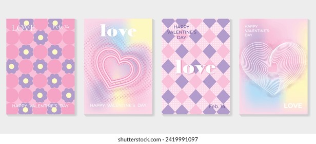 Abstract gradient Y2K style template cover vector set. Happy Valentine's Day decorate with trendy gradient heart, flower y2k colorful background. Design for greeting card, fashion, commercial, banner.