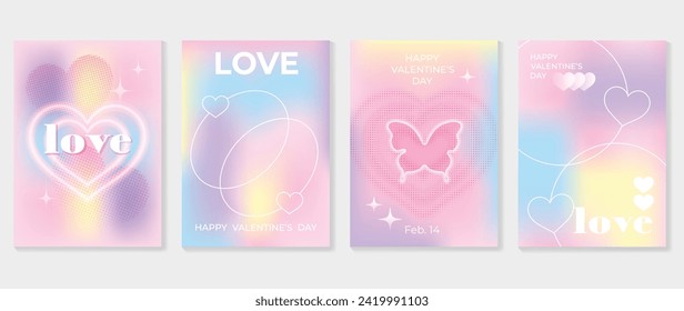 Abstract gradient Y2K style template cover vector set. Happy Valentine's Day decorate with trendy gradient heart colorful background, butterfly. Design for greeting card, fashion, commercial, banner.