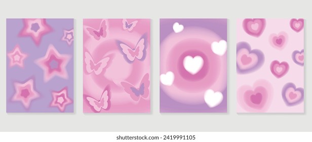 Abstract gradient Y2K style template cover vector set. Happy Valentine's Day decorate with gradient heart, purple background, star, butterfly. Design for greeting card, fashion, commercial, banner.