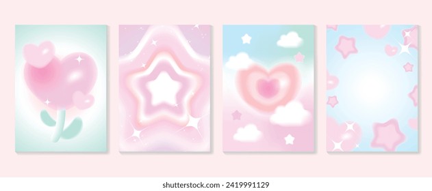 Conjunto de vectores de la cubierta de la plantilla de degradado abstracto de estilo Y2K. Feliz Día de San Valentín decorada con un fondo colorido y moderno en el corazón de gradiente, estrella, y2k. Diseño para tarjetas de felicitación, moda, comercial, banner.